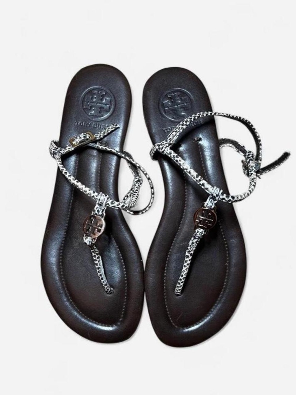 Tory Burch Emmy Grey Leather Snake Skin T-Strap Flats Slipper